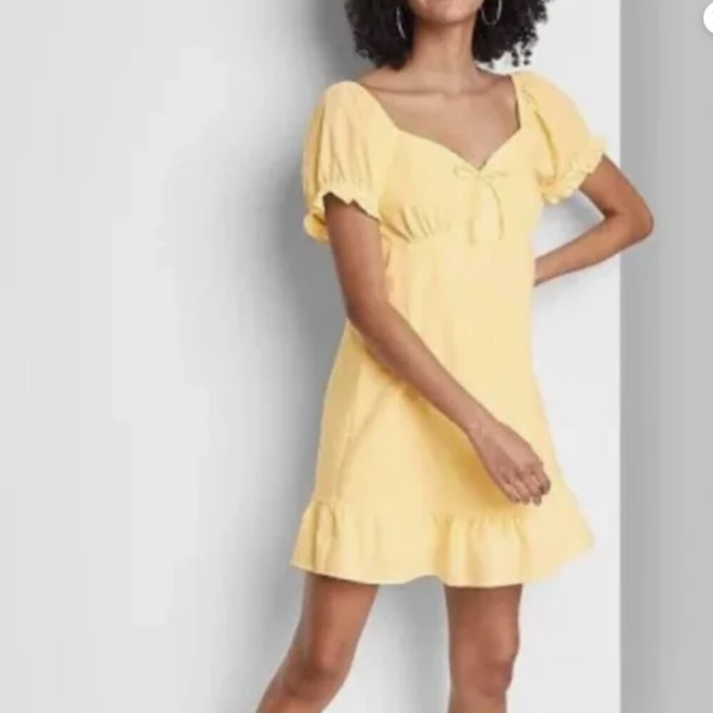 WILD FABLE Women's Butter Yellow Mini Babydoll Dress Puff Sleeve Large Summer